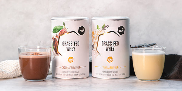 nu3 Grass-Fed Whey cioccolato e vaniglia più frullati pronti in barattolo