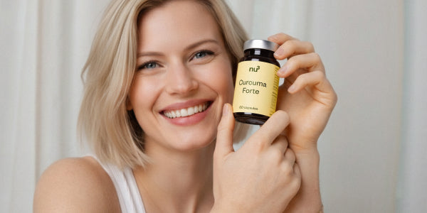 Donna bionda sorridente con una confezione di nu3 Curcuma Forte tra le mani accanto al viso