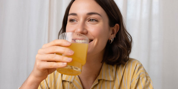 Una giovane donna dai capelli scuri beve da un bicchiere il nu3 Immun Shot preparato e sorride