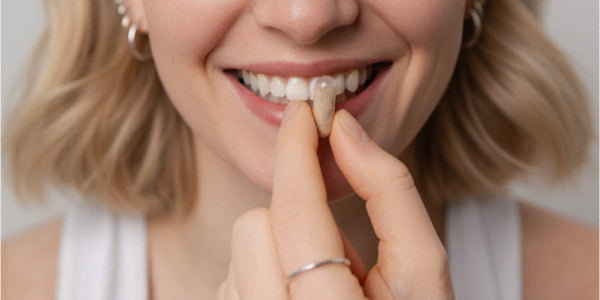 Primo piano del viso di una giovane donna bionda che sorride e tiene una capsula tra il pollice e l'indice.