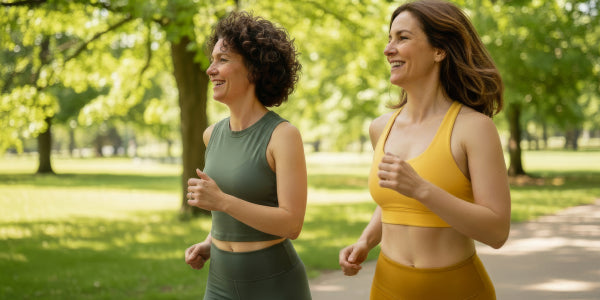 Due donne fanno jogging nel parco.